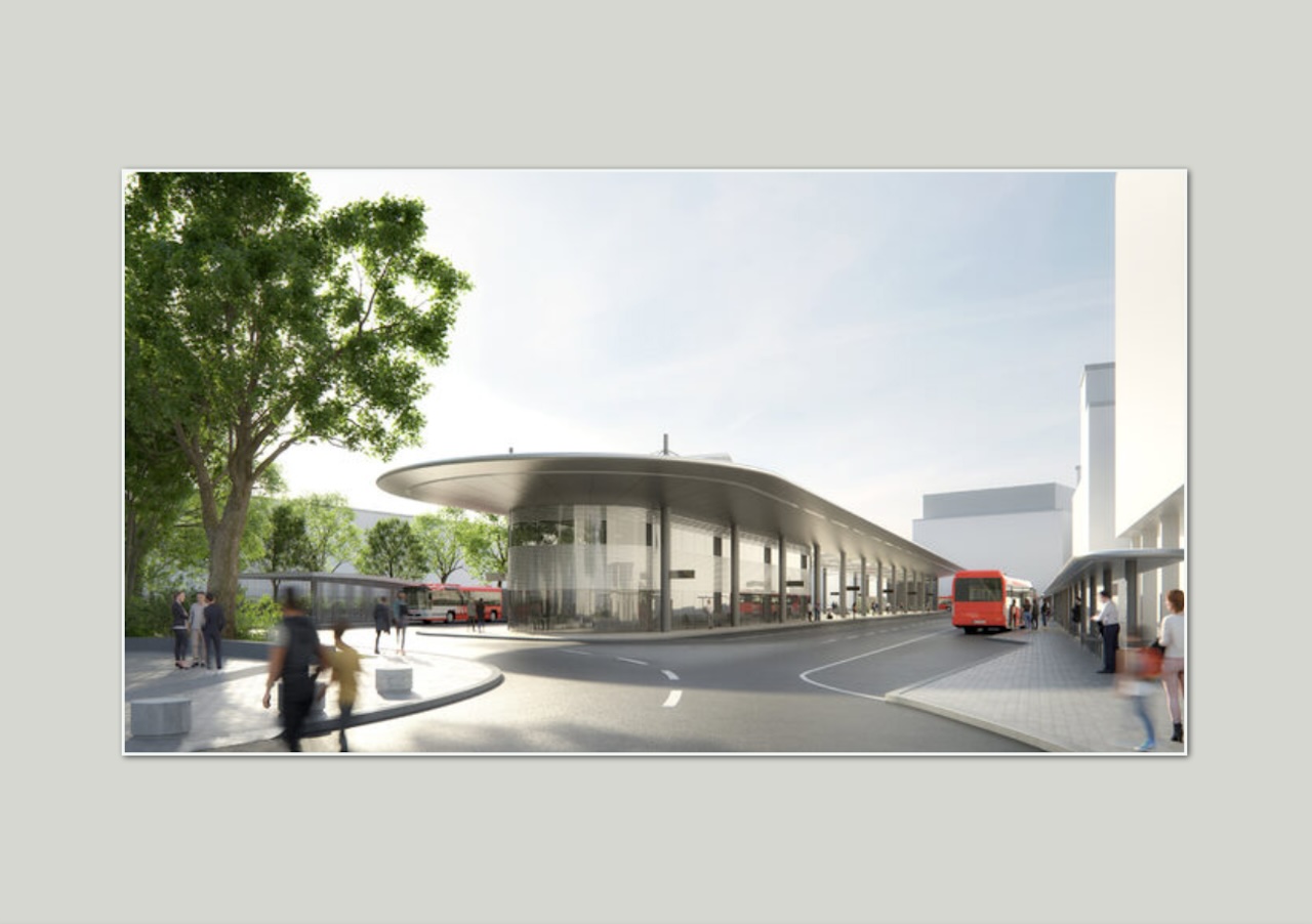 Diese erste Visualisierung zeigt, wie der Wartebereich auf der Mittelinsel des neuen Zentralen Omnibus-Bahnhofs vom Kaiserplatz her aussehen könnte. Büro „stefan schmitz bda, architekten und stadtplaner“
